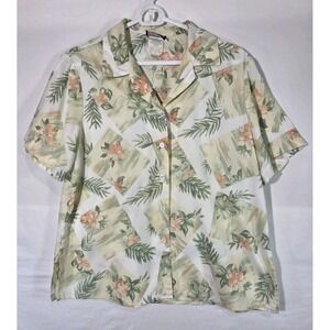Southern Lady Button Up  Camp Top Tropical Palm Coastal Grandma Pastel Sz Large